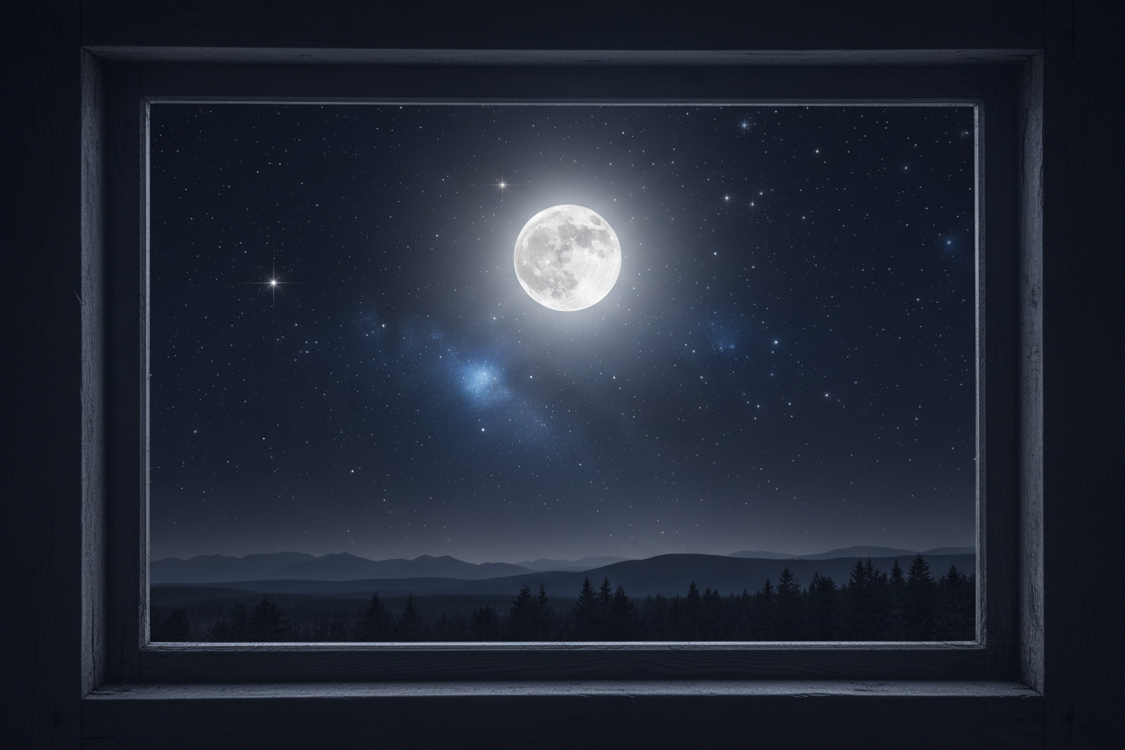 cielo estrellado y luna desde la ventana