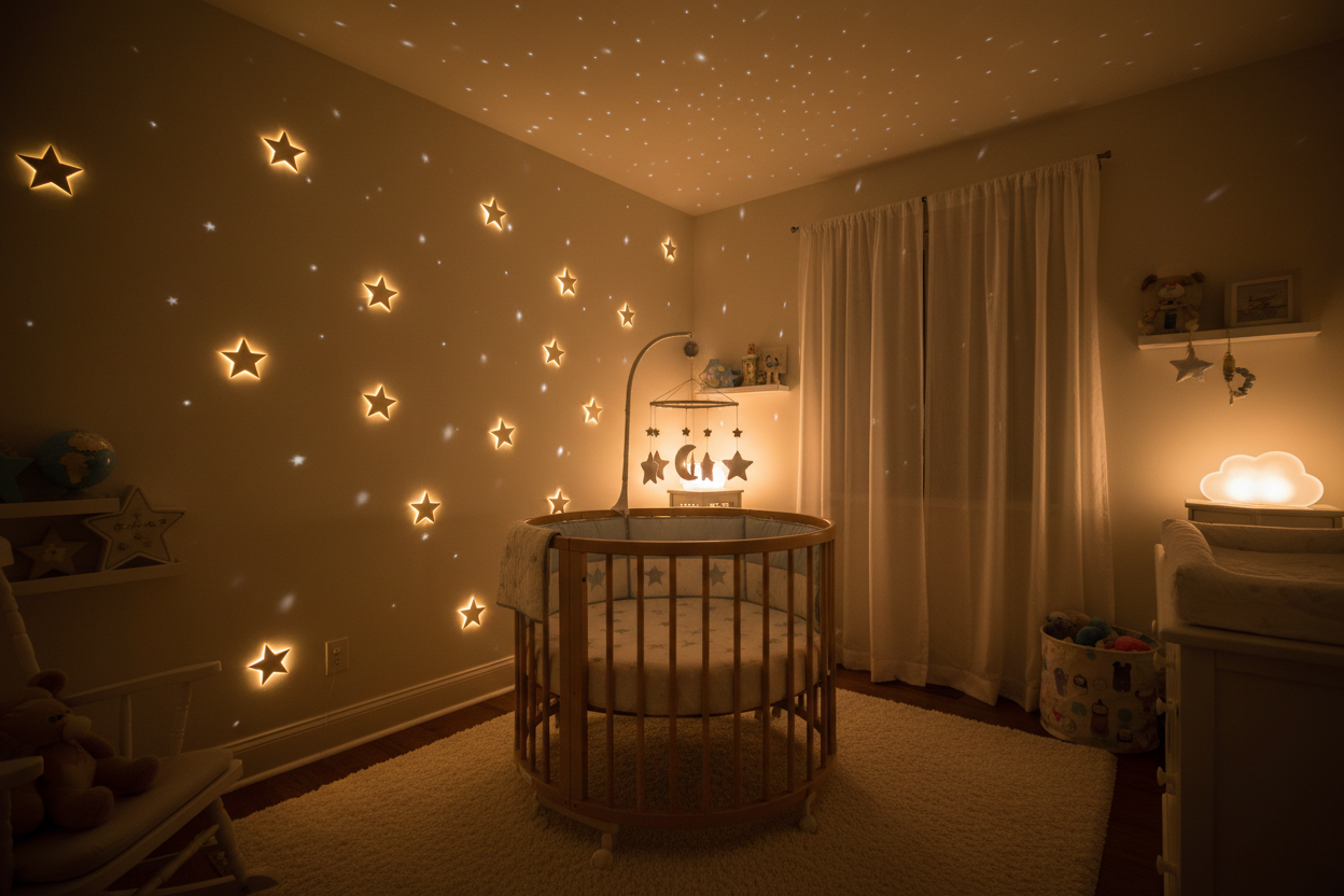 foto noctuna de habitación bebé cuna estrellas